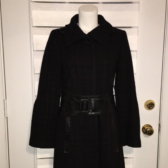 Mackage Black long wool blend with REAL LEATHER BELTS n TRIM NWT - Picture 6 of 17